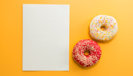 Donuts isolated on yellow background. Delicious glazed donuts close-up.の写真素材