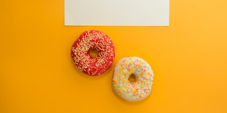 Donuts isolated on yellow background. Delicious glazed donuts close-up.の写真素材