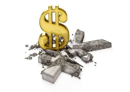 3D concrete Yen symbol destroyed by gold Dollar sign. Exchange rate of Japan Yen is fall.の写真素材