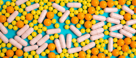 banner of colorful pills, capsules. Prevention, cure of influenza, coronavirusの写真素材