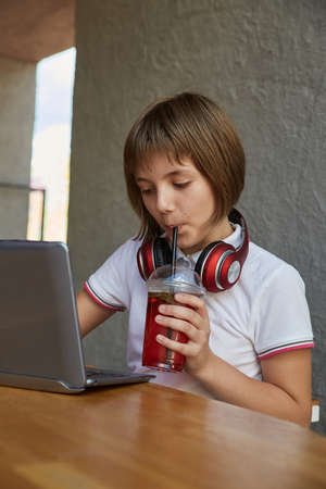 schoolgirl drinks lemonade through straw, uses laptop. little caucasian girl looking at computer,...