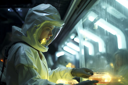 Lab-coated medical operator in personal protection gear in analysis laboratoryの素材