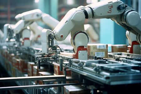 automated advanced warehouse. robotic arms organize and stack packagesの素材