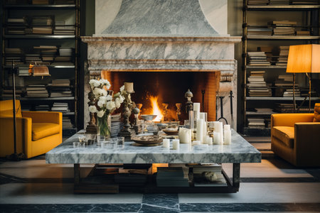 Luxurious and Sophisticated Living Room with Stunning Marble Wall Fireplace and Stylish Bookcase.の素材