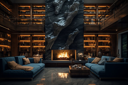 Luxurious and Sophisticated Living Room with Stunning Marble Wall Fireplace and Stylish Bookcase.の素材