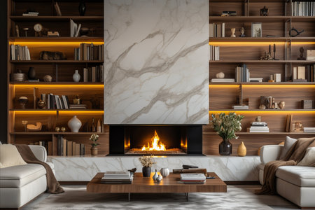 Luxurious and Sophisticated Living Room with Stunning Marble Wall Fireplace and Stylish Bookcase.の素材