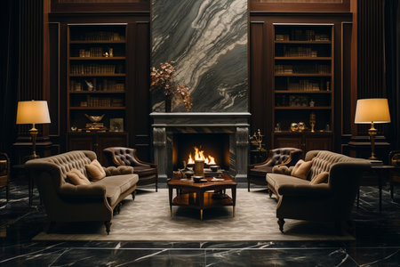 Luxurious and Sophisticated Living Room with Stunning Marble Wall Fireplace and Stylish Bookcase.の素材