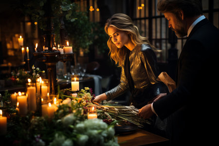 Romantic Candlelit Evening. Young Couple Enjoying Quality Time Cooking Together at Homeの素材