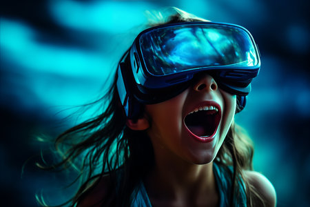 Adorable Little Girl Engaged in Immersive Virtual Reality Gaming, Wearing VR Headsetの素材