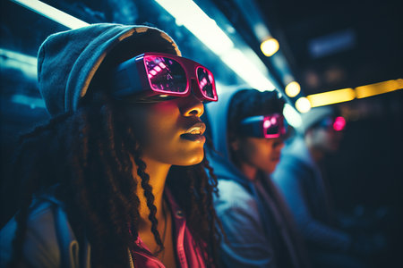 Young African American People Exploring Metaverse in VR Headsets - Virtual Reality, Neon Lightsの素材