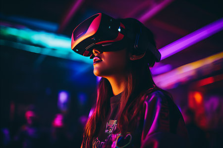 Excited Teenage Girl Fully Engrossed in Immersive Virtual Reality Gaming Experience with Headsetの素材