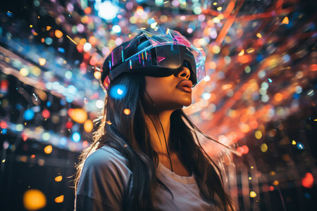 VR Gaming. Girl Engrossed in Immersive and Interactive Virtual Reality with VR Headsetsの素材