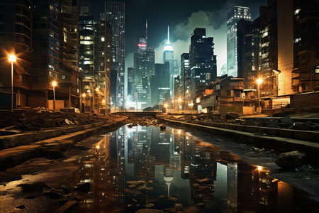 landscape of modern city with large skyscrapers, night lights and reflection in puddleの素材