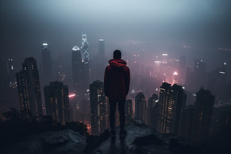 man observing foggy night view of a modern city with tall skyscrapers. modern cityscapeの素材