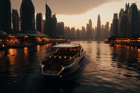 sunset at futuristic city with large skyscrapers. skyline and embankmentの素材
