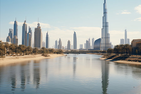 Futuristic city landscape. Skyscrapers in modern metropolis on sunny dayの素材