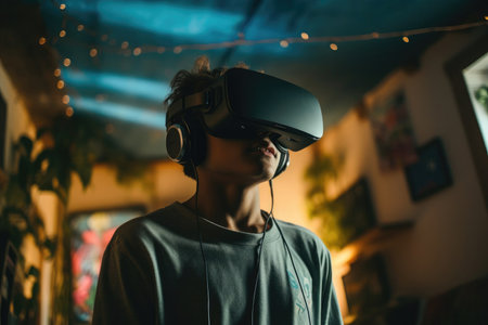 Teenager Fully Engaged in Immersive Virtual Reality Gaming Experience with VR Headsets.の素材