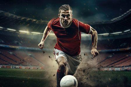 running caucasian male soccer player at stadium during football match. sport, competition, goals.の素材