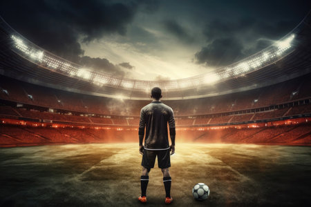 sport, championship caucasian male soccer player at stadium during football match.の素材