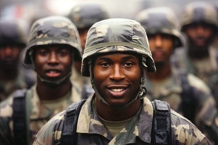 squad of modern African American soldiers in helmets and uniform marchingの素材