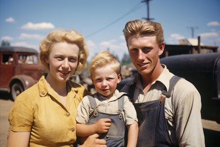 vintage 1950s family portrait outdoors. loving caucasian parents with their sonの素材