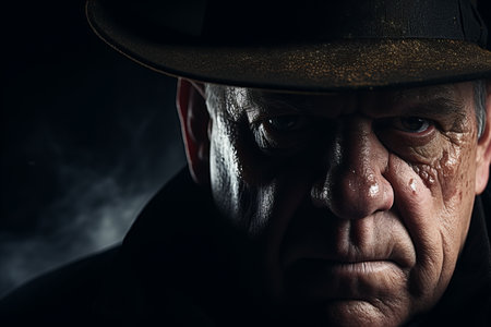 Cinematic Dark Closeup Portrait of Italian Chicago Mobster in Hat. Organized crime and mafiaの素材