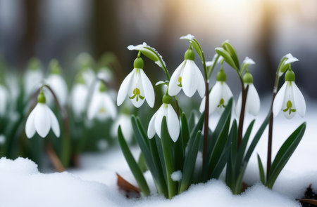 closeup on snowdrop flowers growing in snow in forest. nature awakening in early spring.の素材