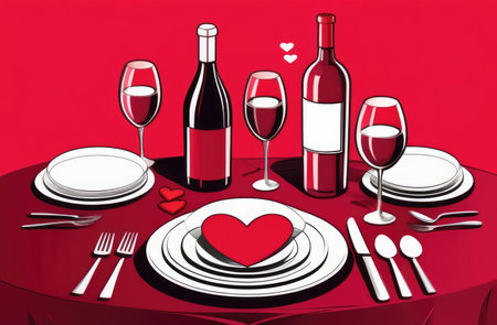 illustration of table in restaurant. bottles of wine, glasses, heart on plate, tablewareの素材