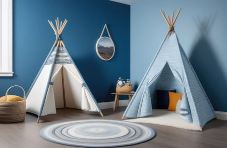 interior design. children's wigwam in room on floor, blue walls and comfortable armchair.の素材