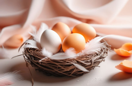 festive composition, celebrating Easter. few brown and white eggs in nest on beige fabric backgroundの素材