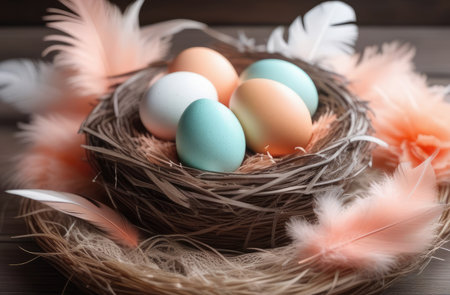 colorful eggs in nest with hen feathers. festive composition, celebrating Easter.の素材