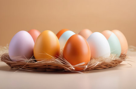festive composition for celebrating Easter. bunch of colorful eggs in nest on beige background.の素材