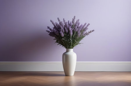vase of lavender on parquet floor of room. cozy home interior in pastel violet tonesの素材