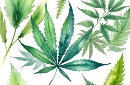 watercolor illustration of cannabis leaves isolated on white background, pattern. medical marijuana.の素材