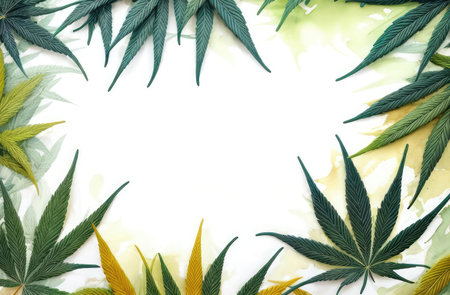 illustration of medical marijuana. frame of cannabis leaves with copyspace on white background.の素材