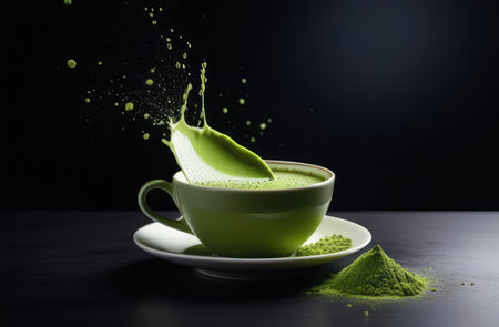 traditional Japanese refreshing green matcha tea in cup with splashes on dark backgroundの素材