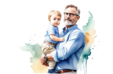 watercolor illustration of elderly caucasian male holding little baby in arms. grandfather, familyの素材