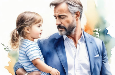 bearded caucasian male holding little girl in his arms. fatherhood, family, watercolor illustrationの素材