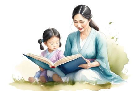 Asian mother reading interesting book to daughter. storytelling, parenting, children educationの素材