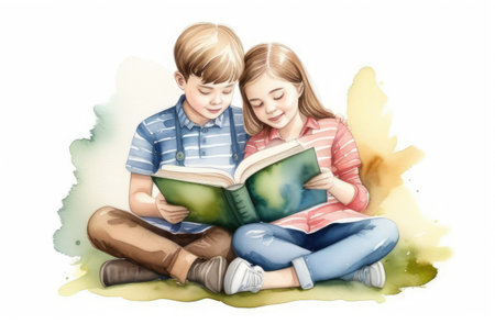 lovely caucasian siblings reading interesting book with tales together. family bonds, storytellingの素材