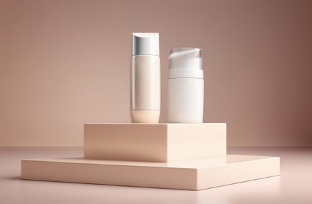 minimalistic style display pedestal. cosmetic products in white bottles on pink abstract background.の素材