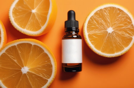 unbranded essence oil bottle on orange background with citrus slices. mockup for cosmetic products.の素材