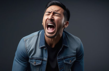 upset Asian man screaming, crying on dark gray background. shock and emotional breakdown, depressionの素材
