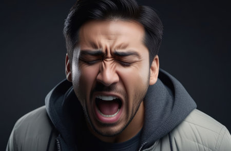 upset Asian man screaming, crying on dark gray background. shock and emotional breakdown, depressionの素材