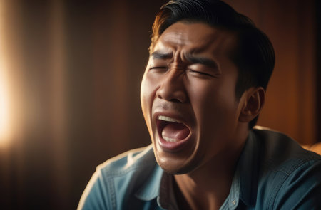 upset Asian man screaming and crying indoors at home. shock and emotional breakdown, depressionの素材