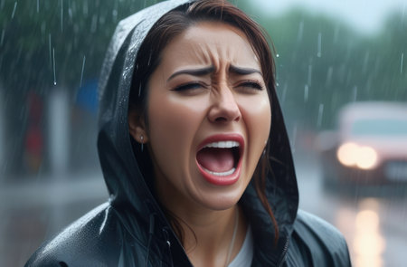 upset Asian girl screaming, crying at street under rain. shock and emotional breakdown, depressionの素材