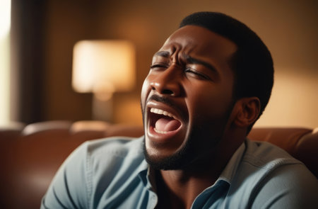 upset black man screaming and crying indoors at home. shock and emotional breakdown, depressionの素材