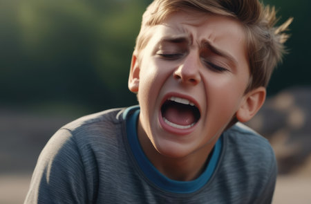 upset Caucasian boy screaming, crying outdoors. shock and emotional breakdown, depressionの素材