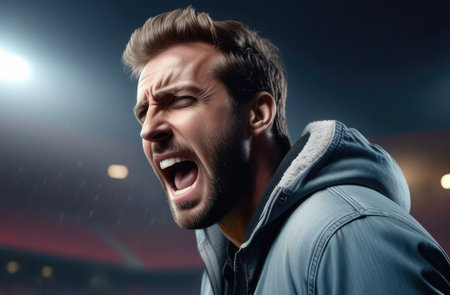 upset Caucasian man screaming, crying outdoors. shock and emotional breakdown, depressionの素材