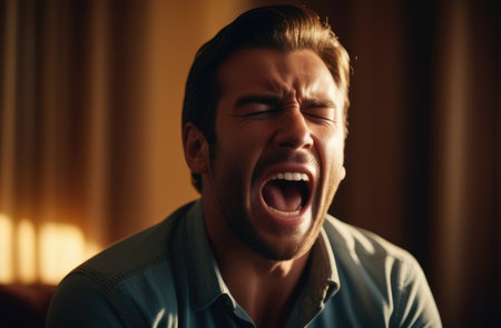 upset Caucasian man screaming and crying indoors at home. shock and emotional breakdown, depressionの素材